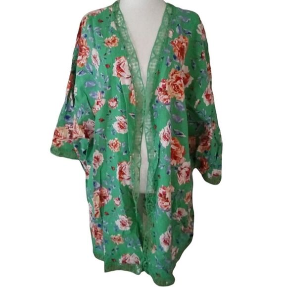 The Pioneer Woman Green Apple Floral Duster Kimono Crochet Trim Size Large XL - Picture 2 of 9
